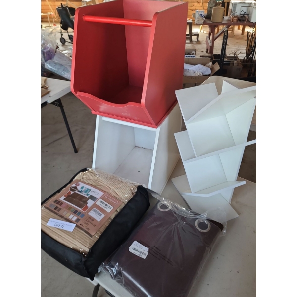 MDF Storage Bins 11 w, 29 h, 16 d.  XL Sofa Slip Cover. Brown Curtain Panels 52 w, 96 h