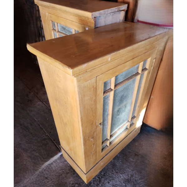 - Two Vintage Utility/ Kitchen Cabinets w/ Frosted Glass Double Sided Doors 29.5 W, 14 D, 38.5 T 