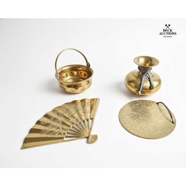  Vintage Brass Collectibles, Decorative Trinket Dishes Or Planters. Vintage Brass Fan