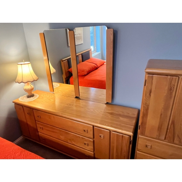 Teak dresser, and wardrobe, both in great shape dresser 65”L 64”height with mirror 18 death, Wardrob