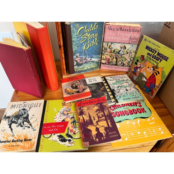 Vintage children’s books Alice in Wonderland, a child’s story, Bible, Mickey Mouse and Goofy, Buster