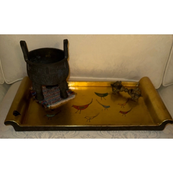 Asian Tray w/ Handpainted Bird Motif & Tripod Censer Wov (Mini Cauldren) 5.5"Tall
