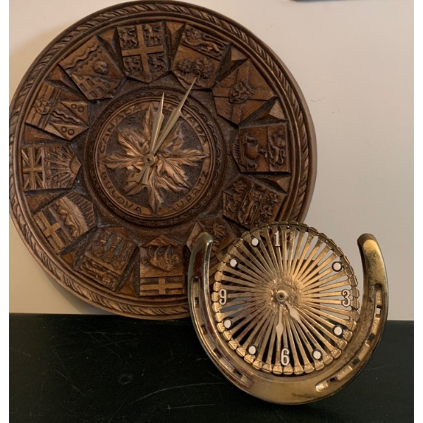BULOVA Hand Carved Canadian Clock 13W w/ Brass Horse Shoe Clock