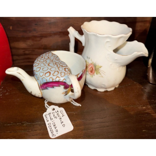 Vintage Mustache Shaving Mug & Invalid Cup w/Blue/Cran/Gold Design