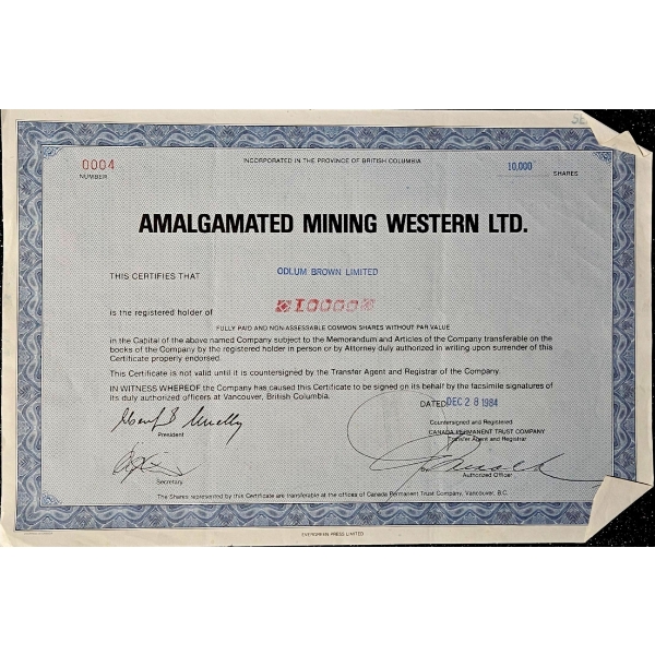Vintage Stock Certificate (1984, Amalgamated Mining Western Ltd.) #3