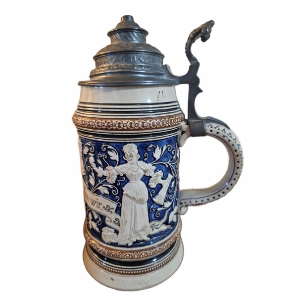German Stoneware Beer Stein 1L with Relief Decoration and Pewter Lid 10''H