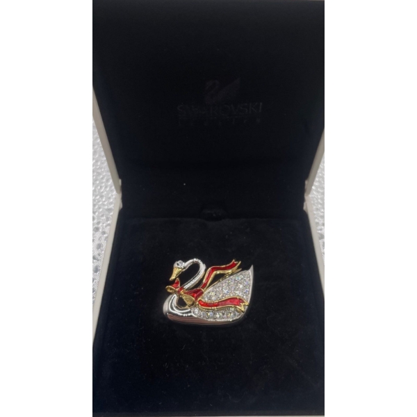 Swarovski Crystal Silver and Red Swan Broch