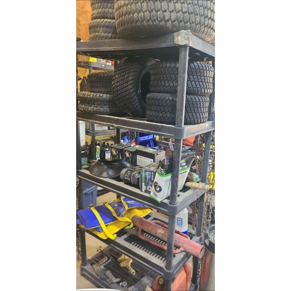 Vehicle Tires, Tubes, Tire Chains, Batteries w/ Shop Shelf