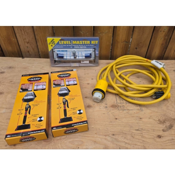 RV Accessories Lot: Level Master Kit, RV Stabilizer Jacks, and Power Cord