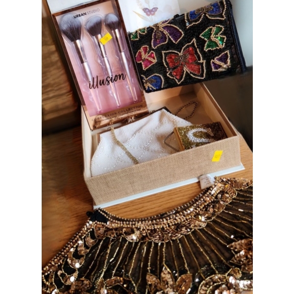 White Beaded and Black w/ Sequin Bows Evening Bags, Sequined Collar, Purse Hook, and More!