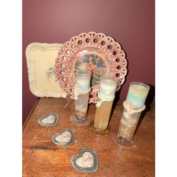 Collection Of Vintage Decorative Objects - Floral Tray Lattice Plate Frames & Candles 