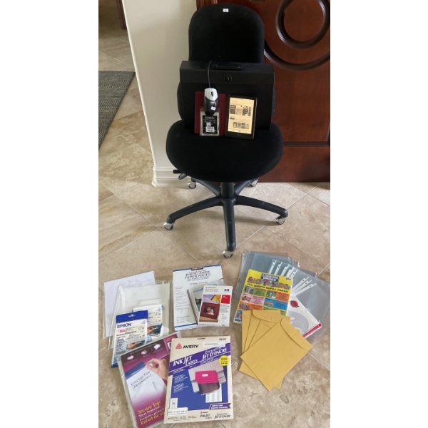 Office Chair on Wheels, HP Mouse, Kindle Reader w/assortment of office supplies