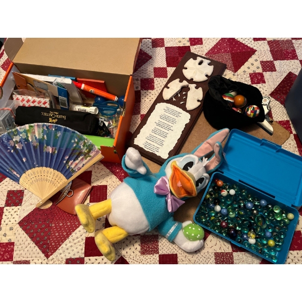 Collection of vintage including a marble collection Bouncy ball collection art supplies and a Talkin