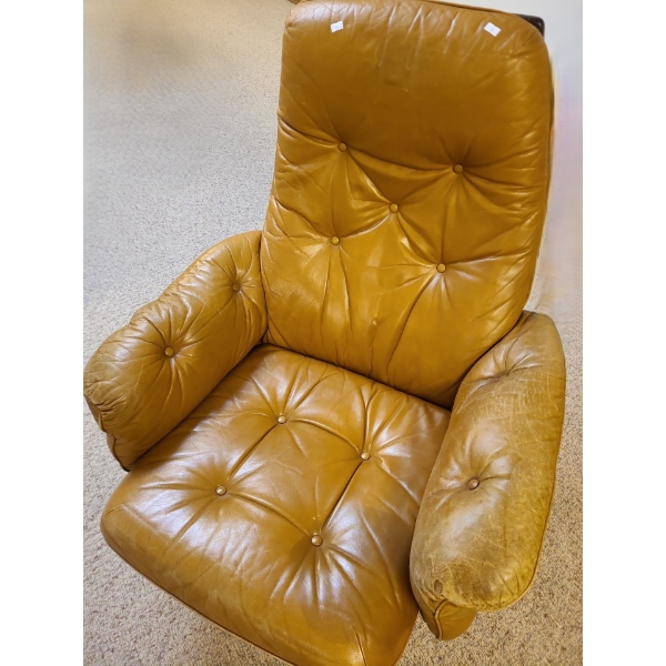 Scandinavian Leather Chair w/ Wooden Base 32.5 w, 30 d,  37.5 h