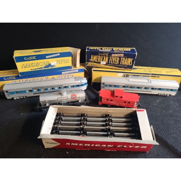 Gilbert American Flyer Model Trains: Passenger Cars, Gulf Tanker Car, Caboose, Straight Tracks