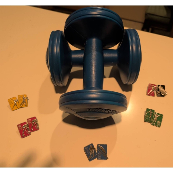 1988 Calgary Winter Olympics Lapel Pins and 3 lb Dumbbells