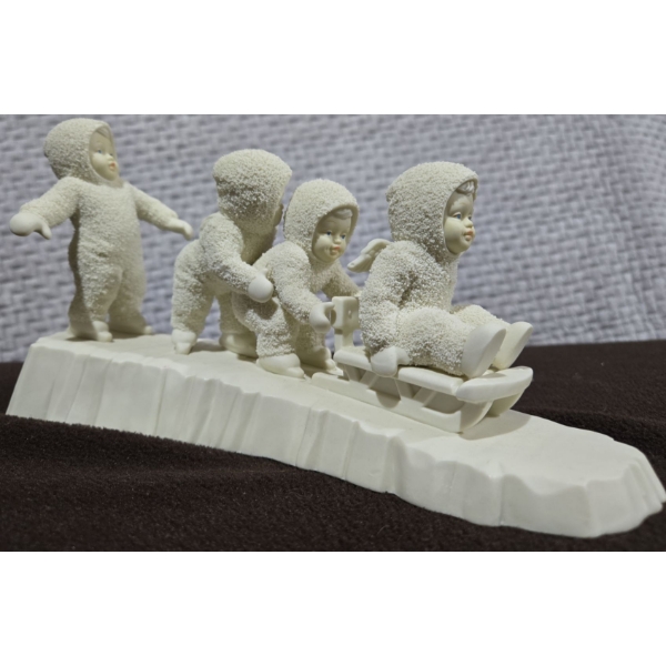 Snow Babies Skiing & Sledding "I'm Right Behind You" (one needs reattachment)