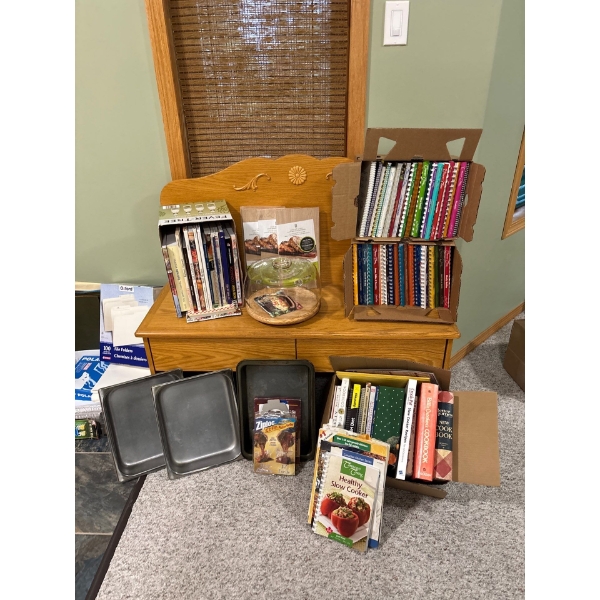 Large Collection Of Company coming Cook Books Maple plank Cooking Boards & Cake Pans 