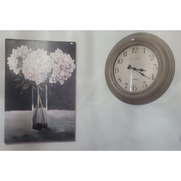 Large Wall Clock 23 diameter w/ Floral Print on Canvas by O'Neil