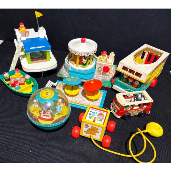 Vintage Fisher Park Pull Toys-Tuggy Tooter, Music Box Ferris Wheel, Little People Bus, & More