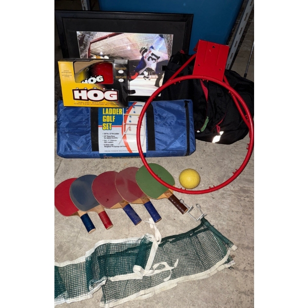 Ladder Golf Set, BasketBall Hoop, Hog Helmut, Ping Pong Net & Paddles