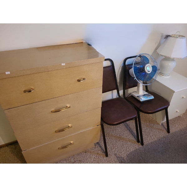 Dresser 29.5 w, 17 d, 42.5 h, Lamp 22" h, Headboard 56 w, 33.5 h, Nightstand 16 w, 19 d, 22 h