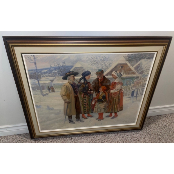 Framed Wall Art Depicting A Winter Gathering In Villiage Like Setting 14T
