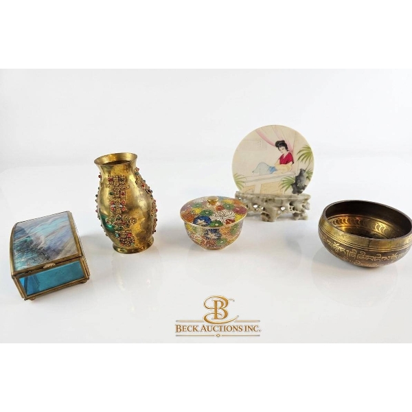 Decorative Items Featuring Vase, Bowl, Disc, Singing Bowl, and Music Box