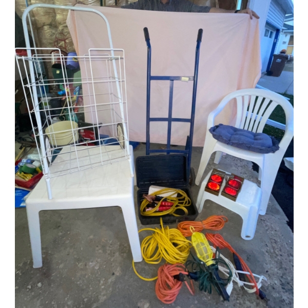 Extension Cords, Dolly, Chair & Stool w/ Matching Plastic Table & Metal Pull Cart For Groceries