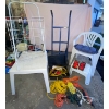 Image 1 : Extension Cords, Dolly, Chair & Stool w/ Matching Plastic Table & Metal Pull Cart For Groceries
