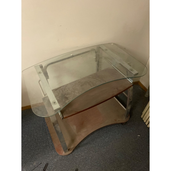 Modern Glass and Metal Desk with Wood Shelving