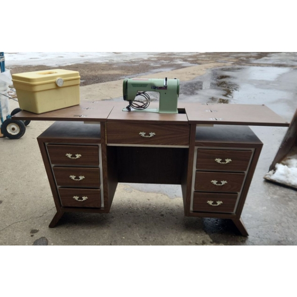 Vintage Elna Supermatic Sewing Machine and Desk with Sewing Supplies