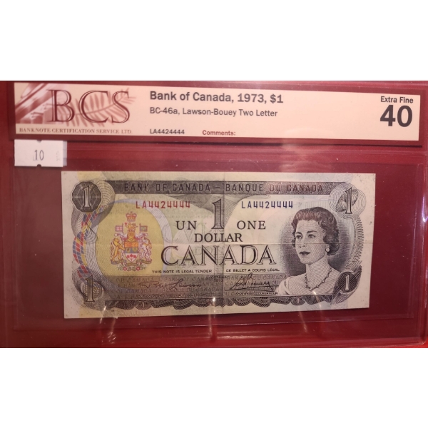 Certified Bank of Canada 1973- $1 Bill LA4424444- BC-46a/ Extra Fine 40