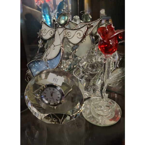 Collection of Glass Including Stained Glass Angel, Red Rose, Clown and Small Clock