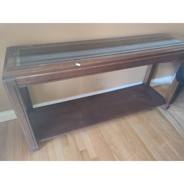 Wood Console Table w/ Rattan Detail and Glass Top 53 W, 16 D, 27 T 