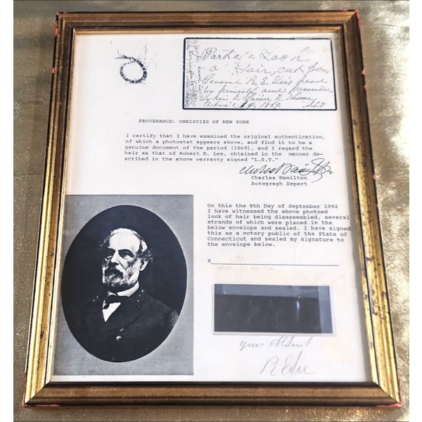 Robert E. Lee, Framed Photo and a Lock of His Hair, Certified by Christies- 1869