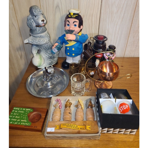 Vintage Decor Including: Bulldog Ashtray, Beam's Poodle Bottle 12 T, Shot Glasses and More!