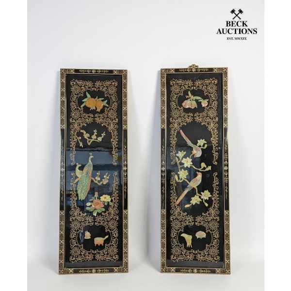 pair of vintage Chinese black lacquer wall panels with mother-of-pearl inlay. 