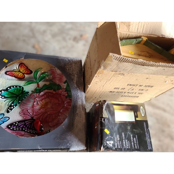 Glass Birdbath, Wooden Birdhouse, Solar Post Accent Lights (New in Boxes/ Boxes Damaged)