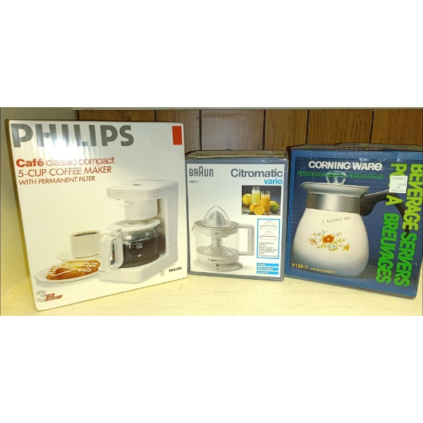 Philips 5 cup Coffee Pot,  Braun Citromatic, & Corning Ware Beverage Server  Brand New