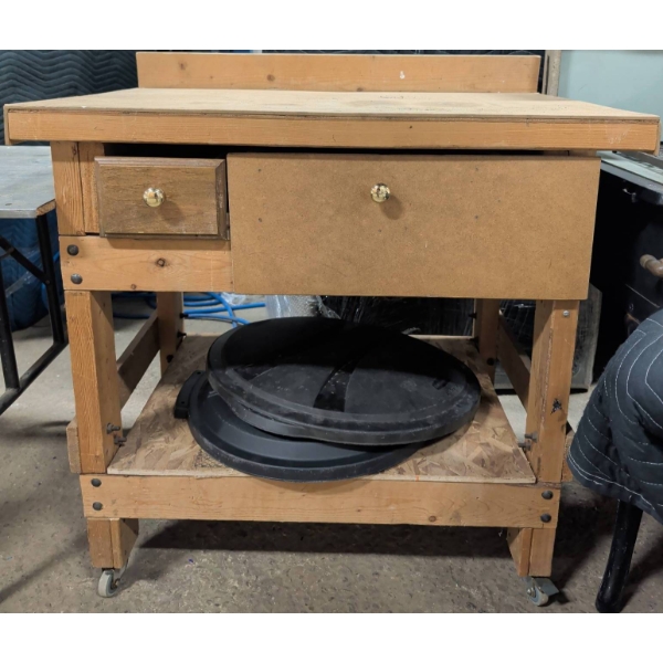 Wooden Utility Workbench with Two Drawers and Caster Wheels