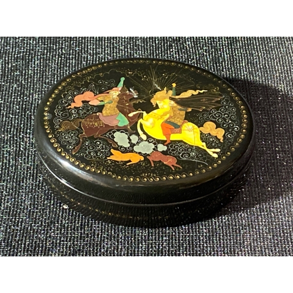 Hand Painted Russian Lacquer Box with Red Interior