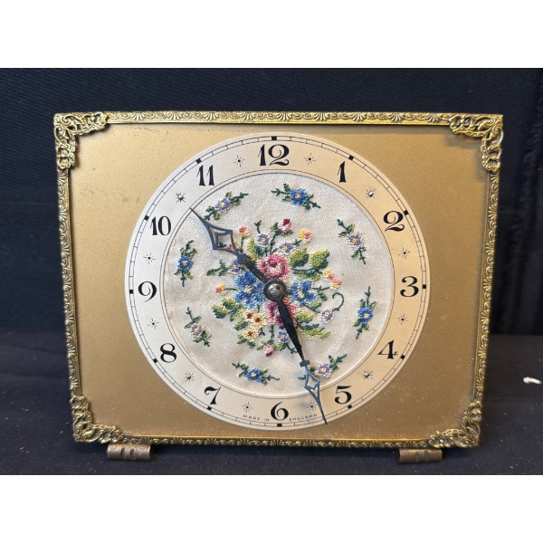 Made-in-England Stitched Floral Dial Mantel Clock with Ornate Brass Tones
