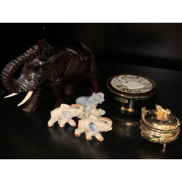 Elephant Decorative Figurines w/ Chokin Art 24kt Gold Trinket Box & Oriental Brass Trinket Holder 