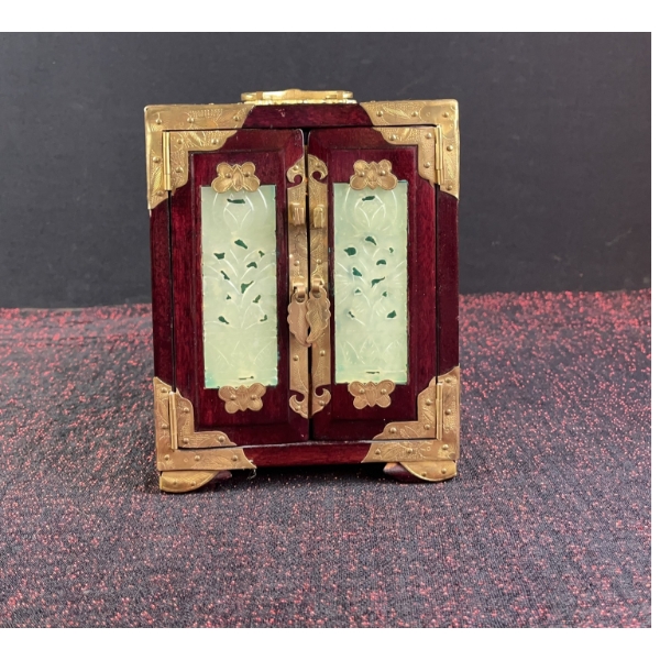 Chinese Wood Jewelry Chest with Jade Inlay and Brass Mounts