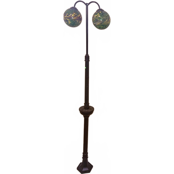 Metal Floor Lamp with Green Swirled Glass Shades and Two-Tier Candle Chandelier