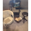 Image 1 : Wooden Rocking Chair 23 w 40 h, Wicker Chair, Wood Side Table, Copper Basket & Lamp Shades