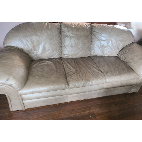 3 Seat Neutral Leather Couch 87 W, 31 D, 35 T