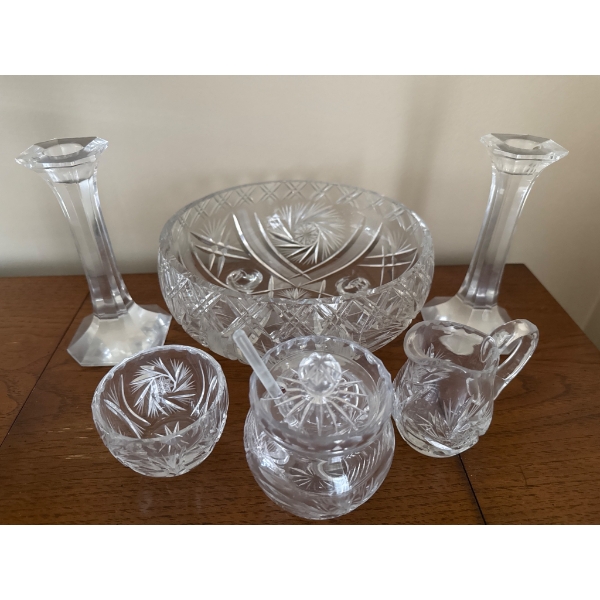 Cut Glass Crystal Tableware with Bowl, Candlesticks, and Accessories