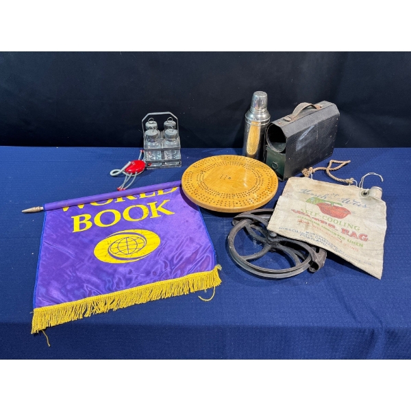 Collection of Vintage Items includes Lazy Susan Crib Board, Mini Milk Bottles, Water Bag And More